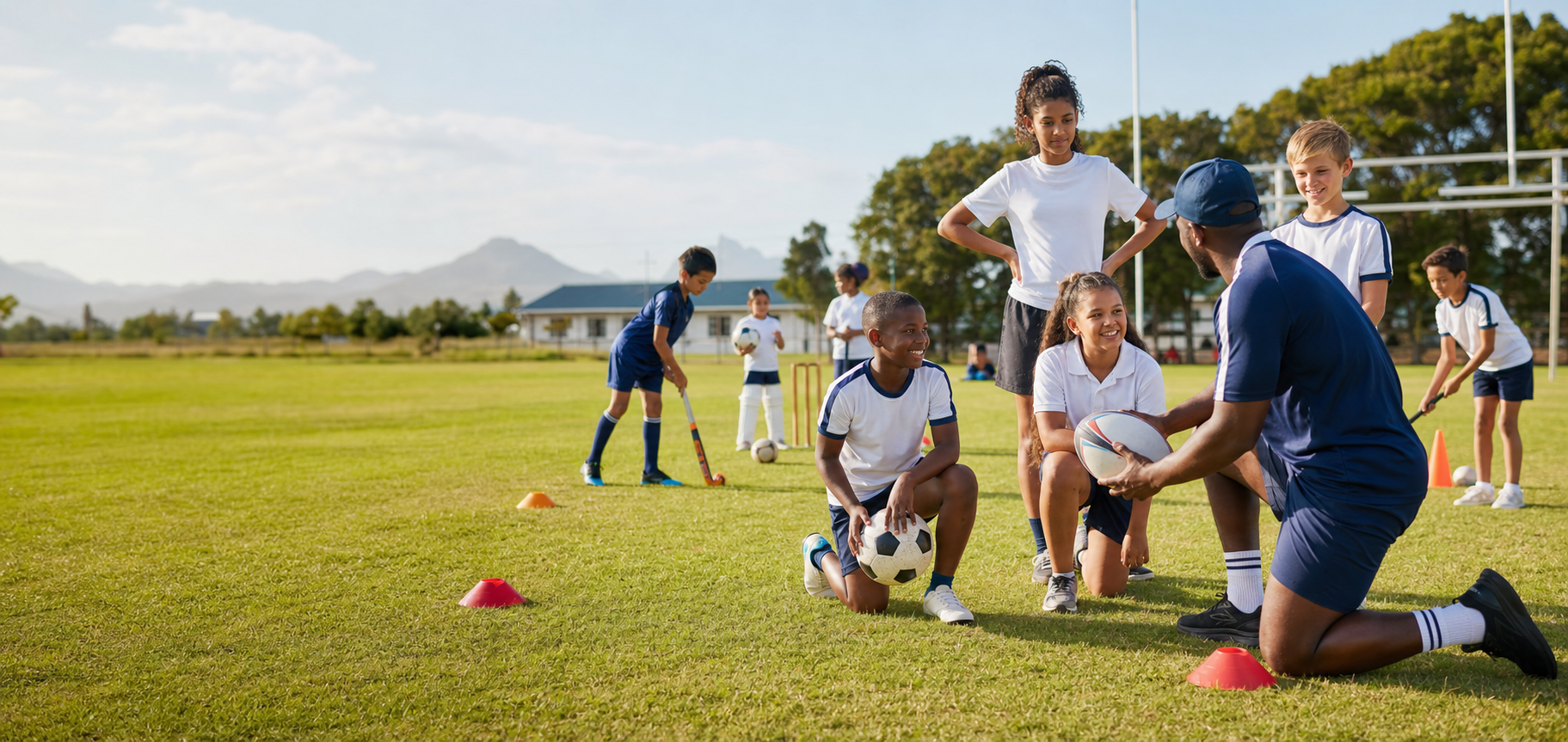 Children training with a coach on a sports field